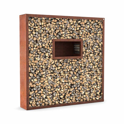 Étagère pour bois de cheminée avec paroi latérale et arrière sur mesure, acier rouillé noble