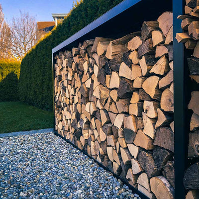 Étagère pour bois de cheminée avec paroi latérale et arrière sur mesure, acier inoxydable laqué époxy