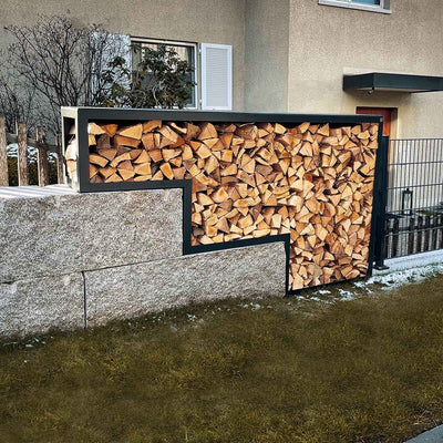 Étagère pour bois de cheminée avec paroi arrière sur mesure, acier inoxydable laqué époxy